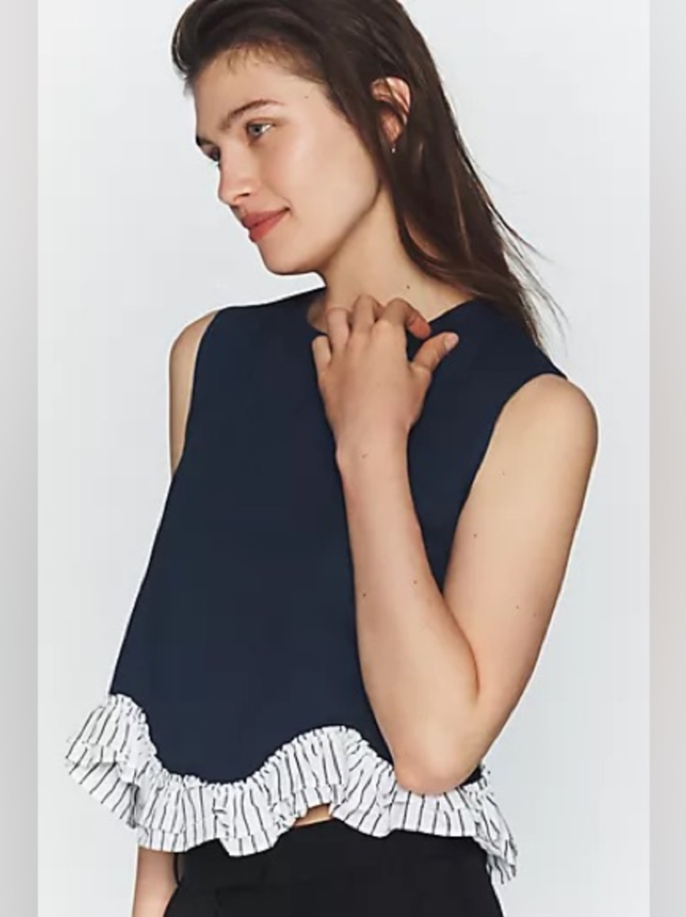 Maeve crew neck peplum Navy Sleeveless Tank with Striped Ruffle Hem